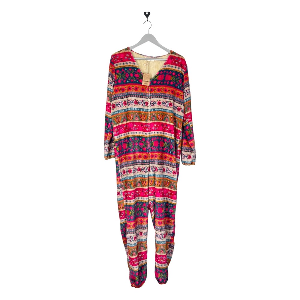 Natural Life Sherpa Lined Jumpsuit Pink Floral Boho Lounge One Piece JUMP360 M